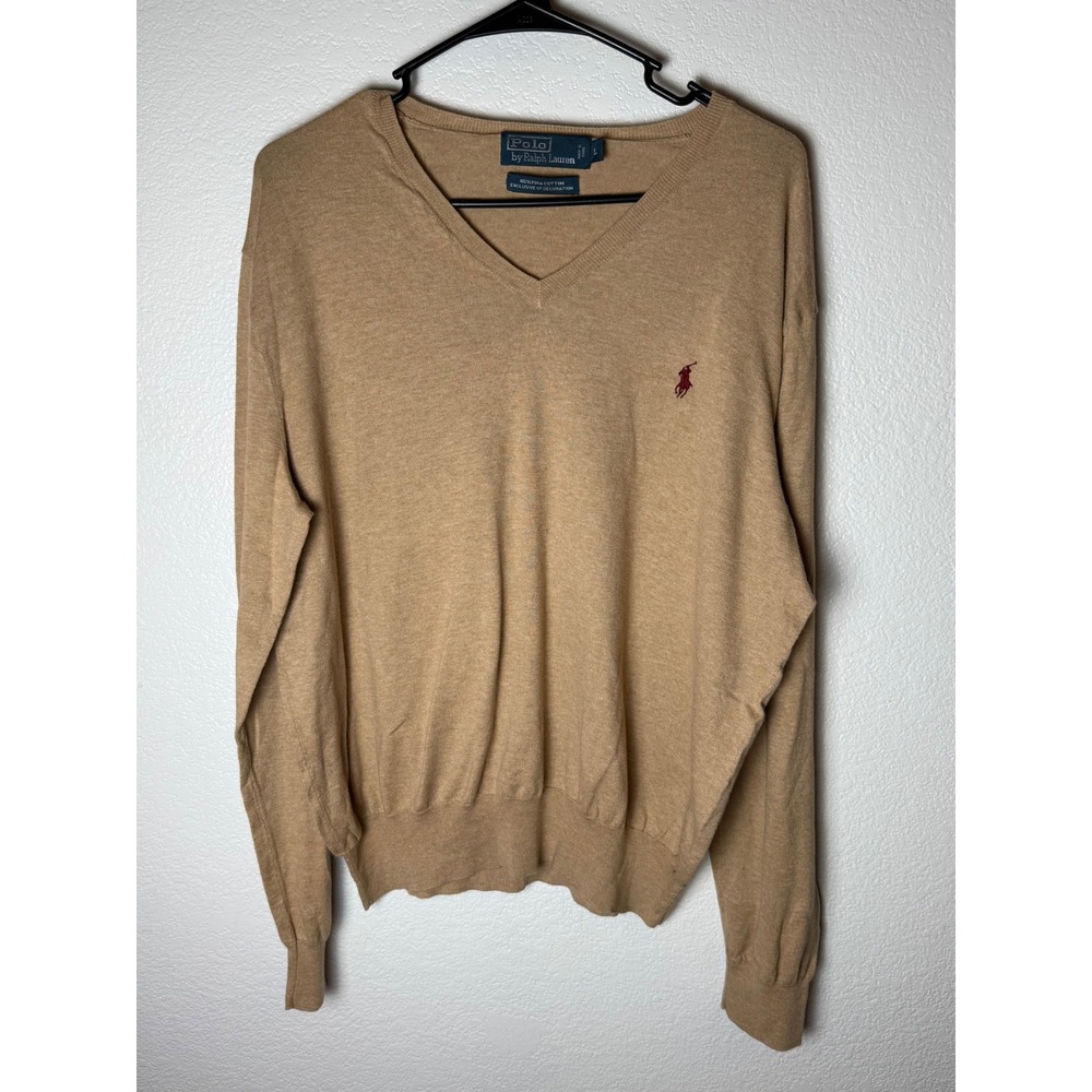 Polo‎ Ralph Lauren Mens Tan Pima Cotton V-Neck Sweater Large Heather Brown Pony
